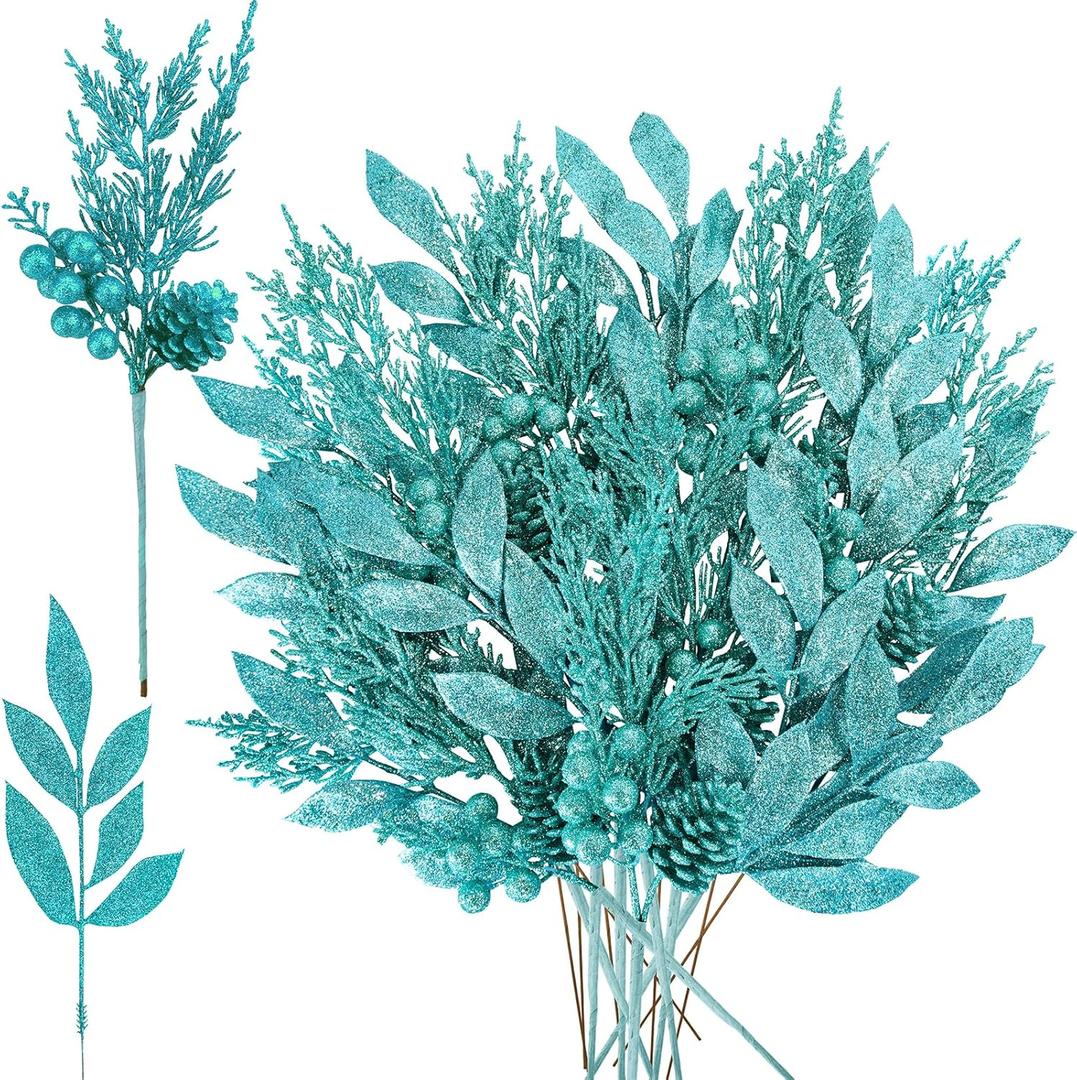 Winlyn 24 Pcs Christmas Artificial Leaf Sprays Pine Needles Pinecone Berries Stems Teal Glittered Christmas Decoration Picks 12.2"- 14.2" Tall for Wreath Teal Christmas Tree Centerpiece DIY Crafts
