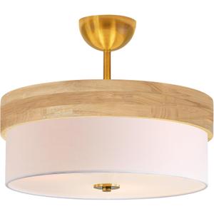 Bargeni 16 Inch Semi Flush Mount Ceiling Light, Modern Wood Drum Ceiling Light Fixture with Fabric Shade, Gold Light Fixtures Ceiling Mount for Living Room, Bedroom, Kitchen, Dining, Hallway,Entryway