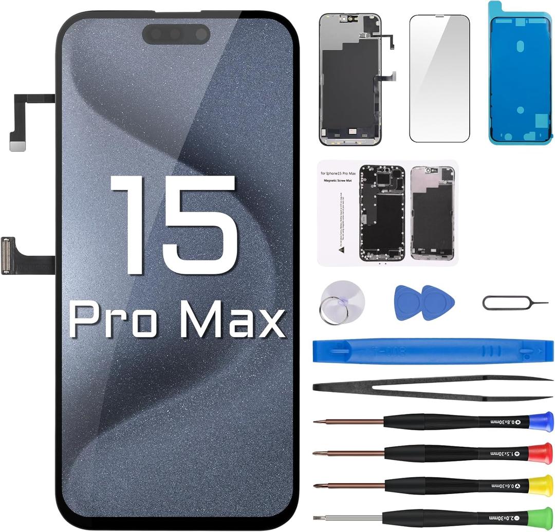 for iPhone 15 Pro Max Screen Replacement with Earpiece Flex Cable Ambient Light Sensor LCD Touch Display Digitizer Full Assembly with Front Glass Tools Kits A3106 A2849 A3105 A3108