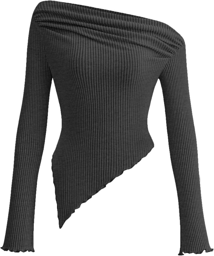 PRETTYGARDEN Women's Spring Long Sleeve Y2K Crop Top Trendy Off Shoulder Asymmetrical Fitted Knit Tee Shirts Going Out Tops (Black, Large)
