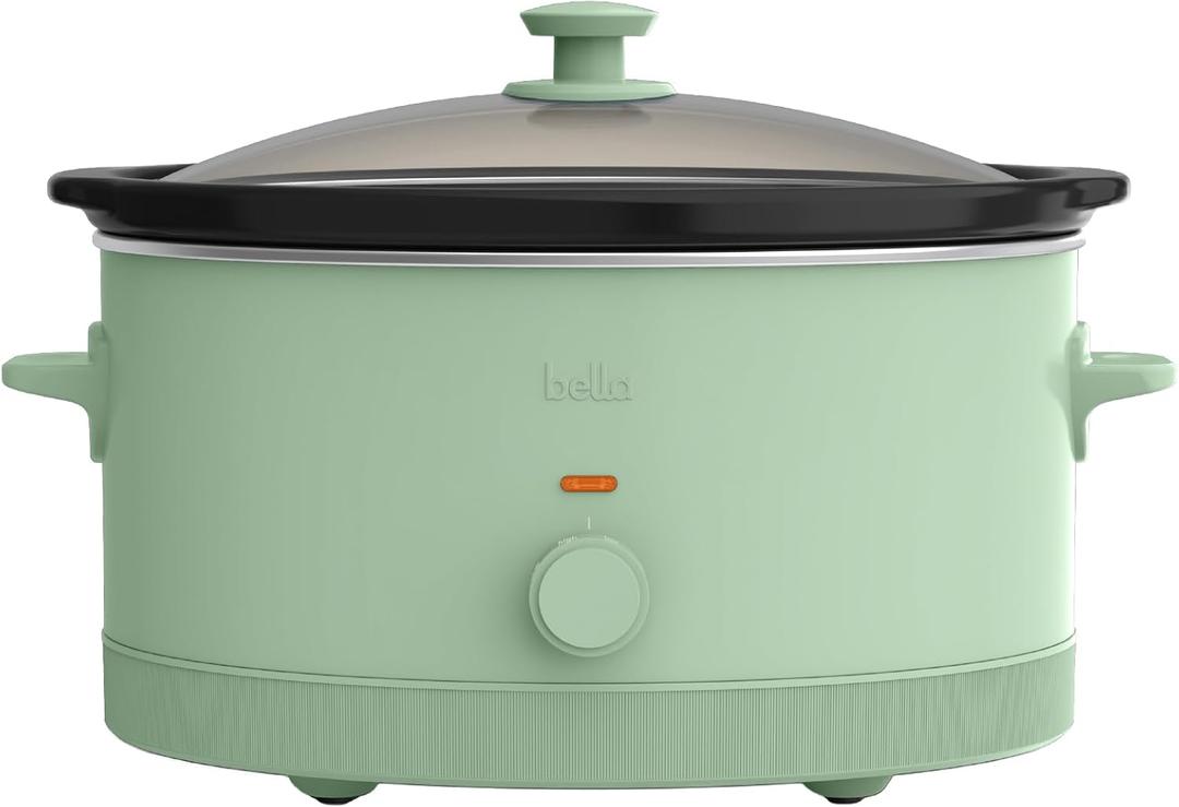 bella 6.0 Qt Manual Slow Cooker, Ceramic Nonstick Coating, 3 Temperature Settings, Dishwasher Safe Stoneware Pot and Tempered Glass Lid, Cool Touch Handles & Tangle Free Cord Wrap, Seaglass