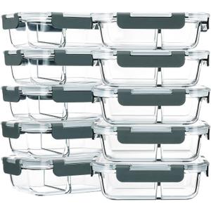 M MCIRCO 10-Pack,30 Oz Glass Meal Prep Containers 2 Compartments Airtight Lunch Bento Boxes with Lids, Glass Food Storage Containers, Microwave, Oven, Freezer and Dishwasher