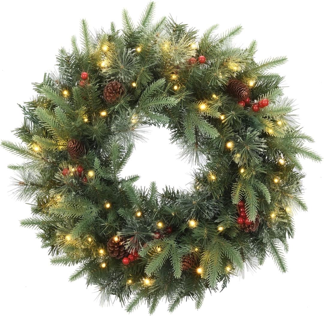 24 Inch Artificial Pre-Lit Christmas Wreath, Warm White & Multi-Color Lights with Timer, Battery Operated, Berries, Pinecones, Ball Holiday Decoration for Front Door, Outdoor
