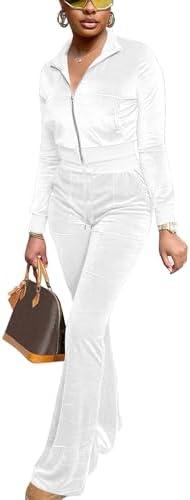 FIVCAT Velour Two Piece Outfits for Women Sweatsuits Zip Up Tracksuit Long Sleeve Jacket And Flare Sweatpants Cute Jogger Sets with Pockets White M