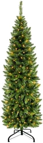 5 Ft Pencil Artificial Christmas Tree with 550 Branch Tips, Spruce Green,180 LED Warm White Lights, Include Metal Stand, UL Plug in, Slim Skinny Xmas Pencil Tree Decor for Holiday Home Indoor Outdoor