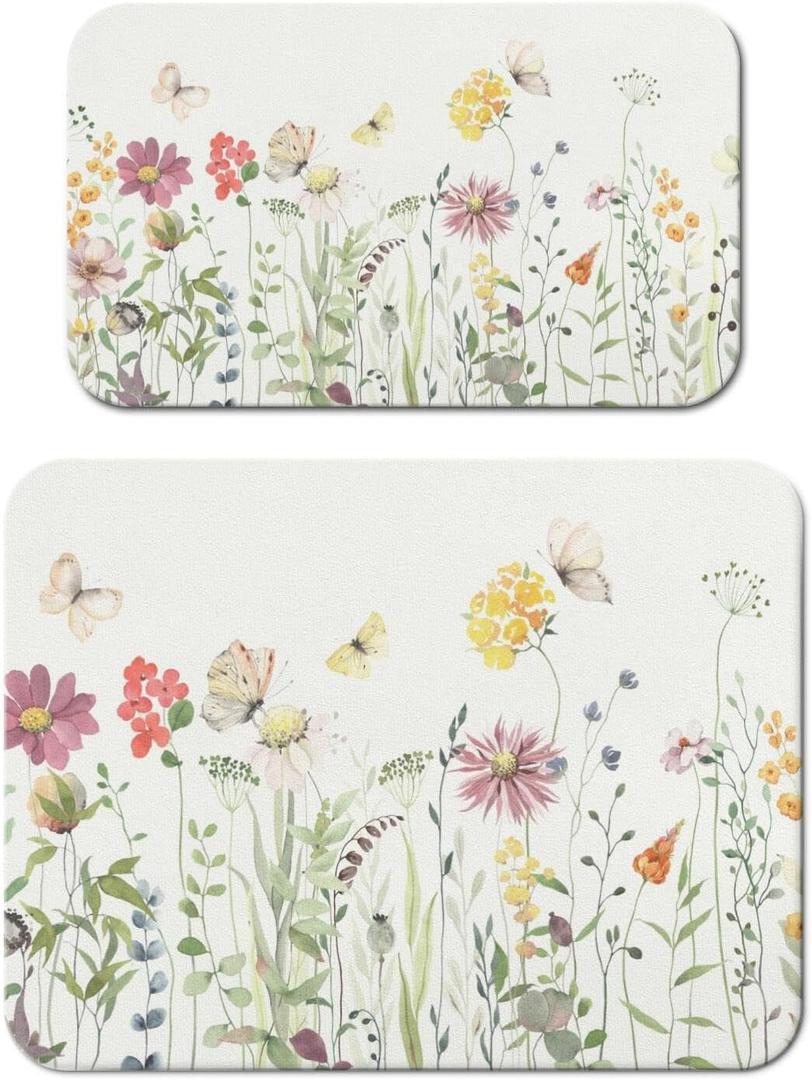 Dish Drying Mat for Kitchen Counter 2 Pack with Non-Slip Rubber Backing - Heat-Resistant Absorbent Coffee Bar Mat, Dish Rack Mat, Butterflies and Flowers Dish Drying Mats 18x24+19.5x12 inch