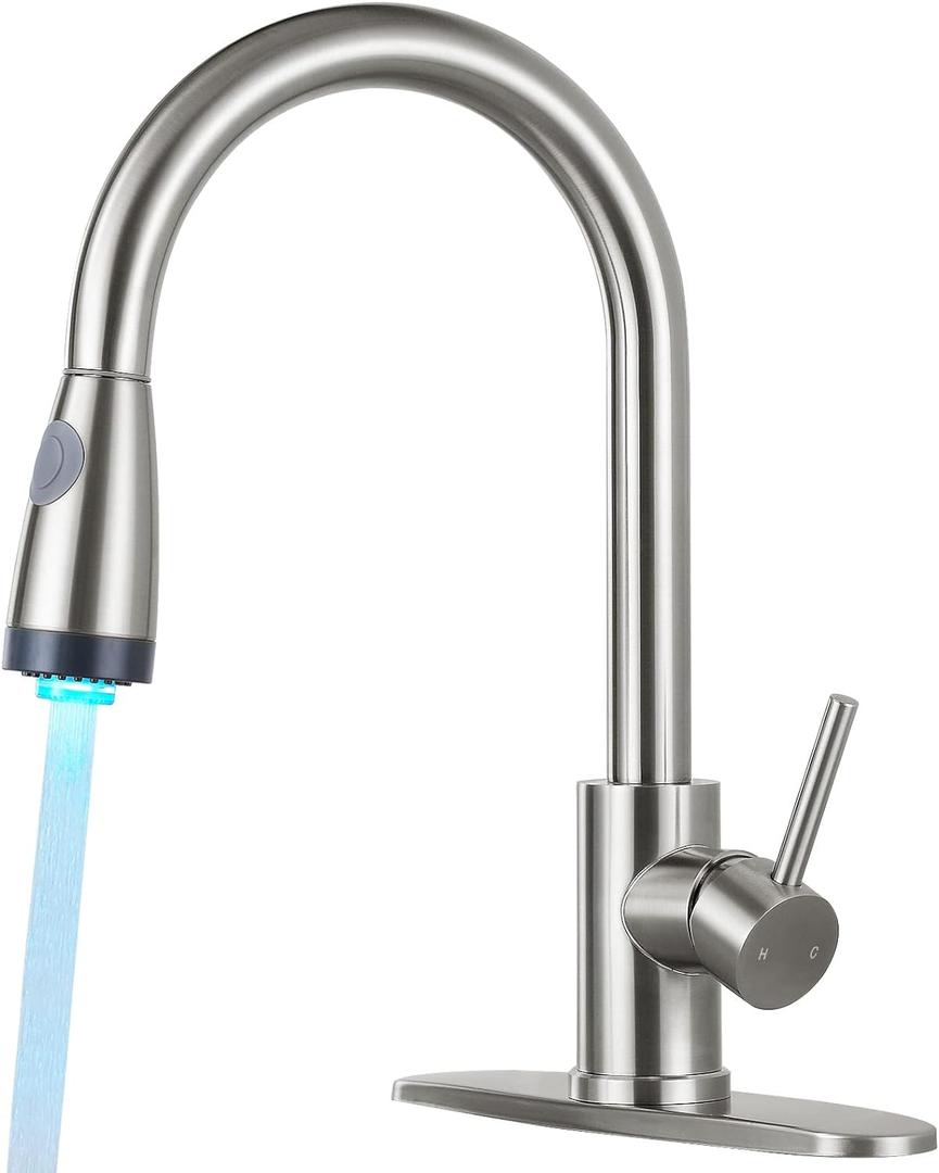  LED Kitchen Faucet with Pull Down Sprayer, Brushed Nickel Single Handle Kitchen Faucets, High Arc Stainless Steel Kitchen Sink Faucet 1 or 3 Hole with Deck - for Bar Laundry Rv (A: Brushed Nickel)