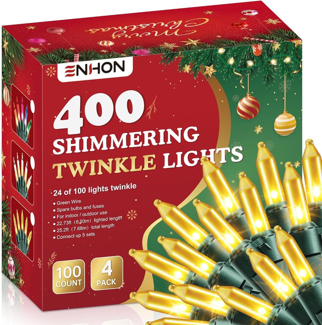 Enhon 4 Pack Twinkling Christmas Lights, 101.6 FT 96 of 400 Random Twinkle Bulbs, Christmas String Lights Connect up to 5 Set, Waterproof Outdoor Indoor Decorations(Gold)