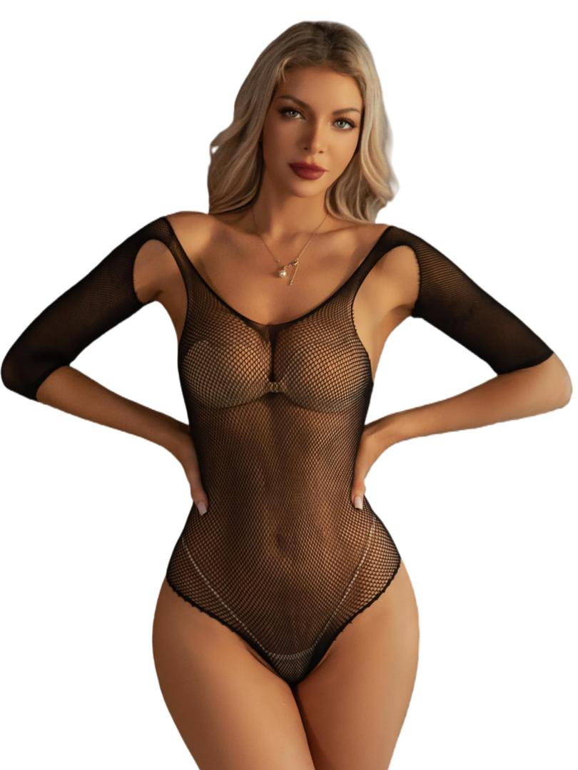 ADSEXY Sexy Lingerie For Women Sheer High Elasticity Bodystocking Bodysuit For Women One Size Black J (Black)