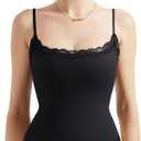 SUUKSESS Women Square Neck Lace Bodysuit Sleeveless Spaghetti Strap Tank Top (Black, XS)