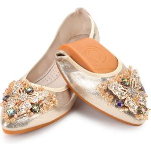 KUNWFNIX Women Ballet Flats Rhinestone Wedding Ballerina Shoes Foldable Sparkly Comfort Slip on Flat Shoes, 6