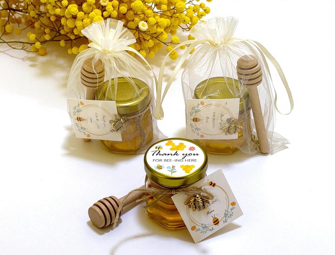 Adabocute 15  Pack Mini Honey Jars with Dipper - Perfect for Baby Shower Favors and Wedding Favors - Includes Bee Pendants Tags and Jute Bags - Gold Lid
