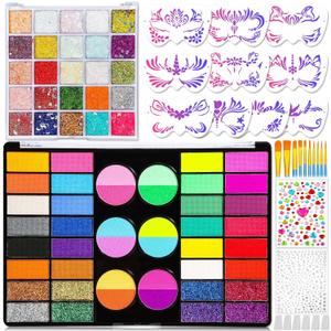Professional 69 Colors Face Painting Kit for Kids  Washable Skin Watercolor Non-Toxic Body Paint Face Glitter Makeup Palette with Stencils, Gems, Brushes for Kids Party Cosplay Halloween FX