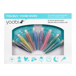 Yoobi | Washable Paint Set | 16 Piece Set Includes 8 Stencils and 8 Glitter Paint Brush Pen Colors | Holiday Glitter Multicolor (16AFRRJWAB)