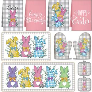 10 Pcs Easter Bunny Kitchen Decor Set 4 Kitchen Towels 2 Pot Holders 2 Oven Mitts 2 Rugs for Gift Cooking Baking Grilling Housewarming