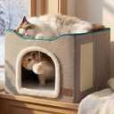 Bedsure Cat Beds for Indoor Cats - Large Cat Cave for Pet Cat House with Fluffy Ball Hanging and Scratch Pad, Foldable Cat Hideaway, 16.5x16.5x13 inches, Grey (Single)