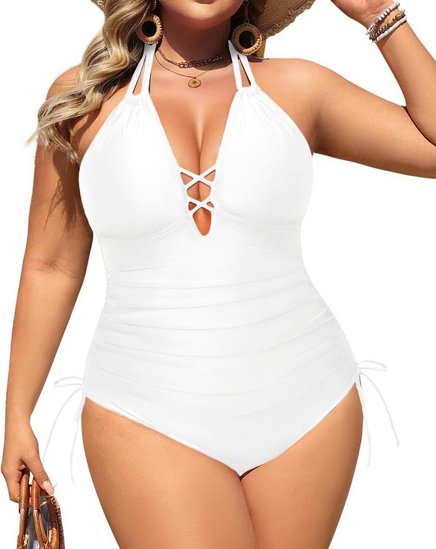 Aqua Eve Plus Size Swimsuits One Piece Bathing Suit for Women Tummy Control Sexy Halter Swimwear White, 16W