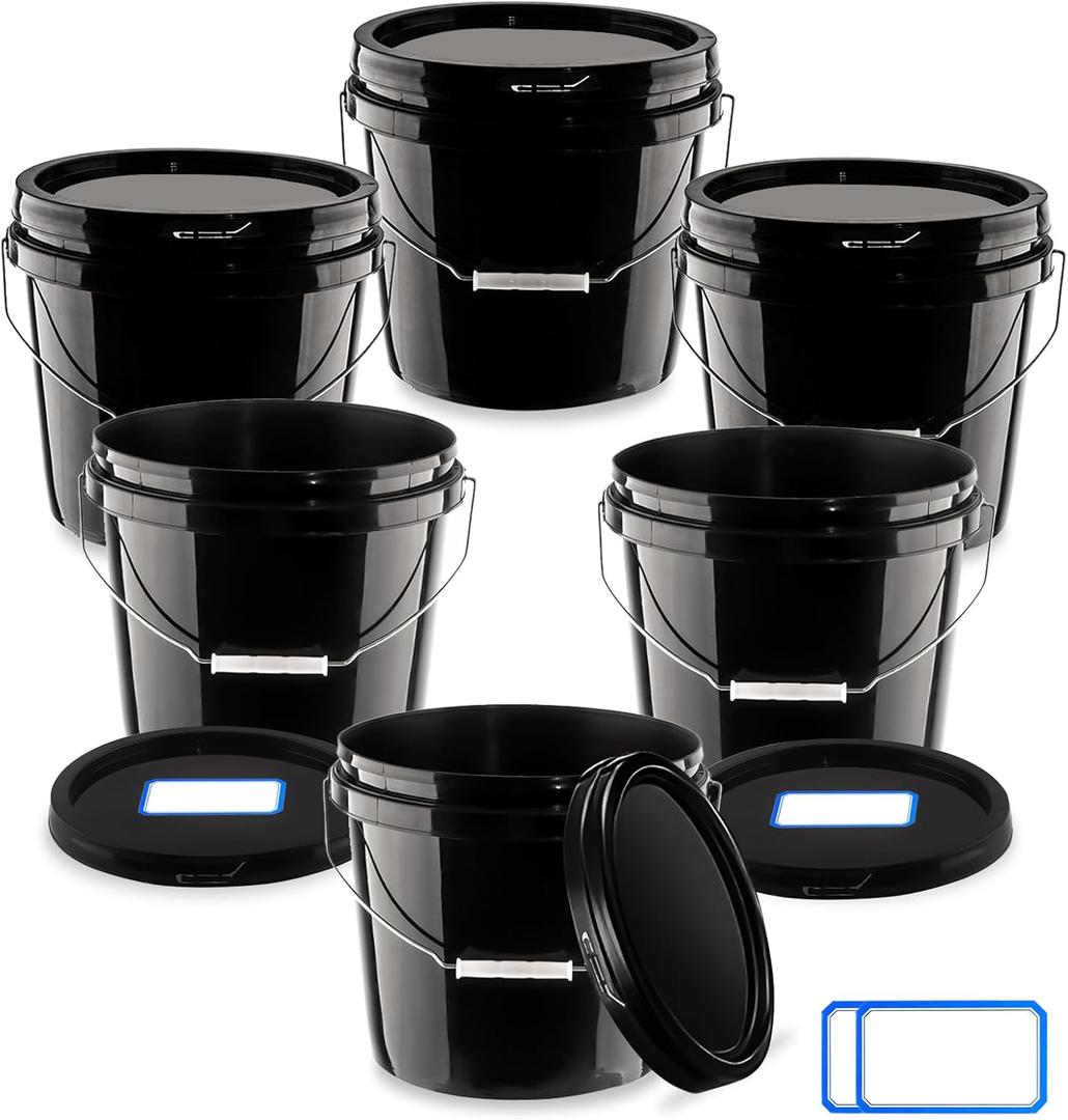 6 Pcs 2 Gallon Black Bucket with Lid and Handle, Large Plastic Storage Paint Pail Brine, Fermenting for Beer, Wine or Any Other Fermented Beverage