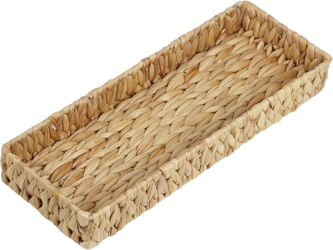 Bathroom Vanity Tray, 16.7 Inch Water Hyacinth Toilet Tank Baskets, Long Wicker Counter Tray for Paper Hand Towel, Bathroom Counter Organizer for Decor Coffee Table (16.7" x 6" x 2")