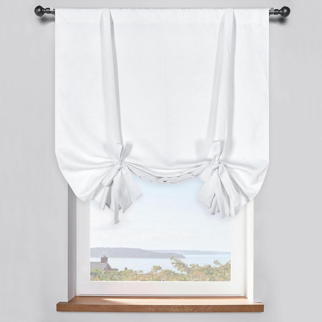 Pure White Balloon Shades Room Darkening Kitchen Window Curtain - Adjustable Thermal Insulated Tie Up Curtain Panel for Bathroom (42 W x 45 inches Long,1 Panel)