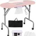 Portable Manicure Table Nail Desk with Charging Station & Dust Collector, Foldable Nail Tech Table for Technician Spa Salon Workstation with Wrist Pad 4 Lockable Wheels, 36-inch, Pink