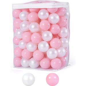 Ball Pit Balls Pack of 100 200 500 - Star and Round Set BPA Free Phthalate Free Non-Toxic Crush Proof Play Balls Soft Plastic Balls for Toddlers Baby Kids Birthday Pool Tent Party (Pearl White+Pink)