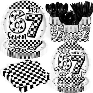 140PCS 6 7 Birthday Decorations,White and Black Checkered I Was 6 Now I'm 7 Seven Birthday Theme Party Tableware Set Plates Napkins Cups Tableware,Six Seven Birthday Party Decorations Serves 20 Guests