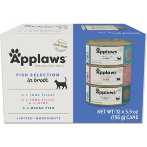 Applaws Natural Wet Cat Food in Broth, Limited and Natural Ingredients, High Protein with No Artificial Additives, Fish Selection Variety Pack in Broth (12 x 5.5oz Cans) (EXP 09/23/28)