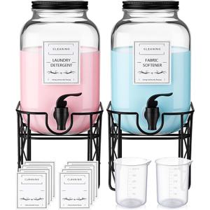 2 Pack 1 Gallon/128 oz Glass Laundry Detergent Dispenser, 3.8 L Liquid Soap Dispenser with Stand, Measuring Cup and Label, Fabric Softener, Liquid Bleach Container, Laundry Room Organization