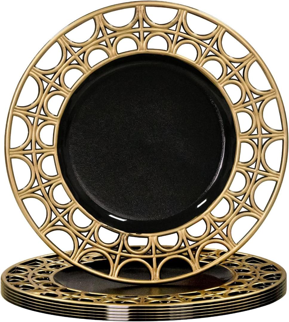 MAONAME Antique Charger Plates, 13" Round Chargers for Dinner Plate, Black Plate Chargers Set of 6, Plastic Charger Plates for Table Setting, Wedding Decoration (Black- hollow semi circle)
