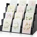 Yuntau 4 Tier Greeting Card Display Stand Black Bamboo and Acrylic Sticker Display Stand Trading Card Holder Retail Photos Shelf for Vendors Craft Collection & Show