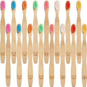 Boao 16 Pcs Kids Bamboo Toothbrush Soft Bristle Natural Toothbrush Wooden for Kids with Colorful Bristles and Ergonomic Animal Designs Handles