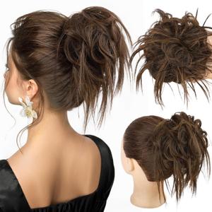 HMD Tousled Updo Messy Bun Hair Piece Hair Extension Ponytail With Elastic Rubber Band Updo Bun Synthetic Hairpieces for Women (Darkest Brown Mixed Light Auburn)