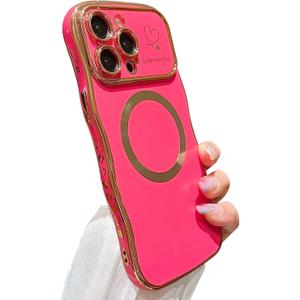 for iPhone 12 Pro Max Case Magnetic,for Women Girls Soft Cute Wave Frame Curly Shape Love Heart Luxury Plating Phone Case Compatible with MagSafe Shockproof Back Cover 6.7"-Hot Pink