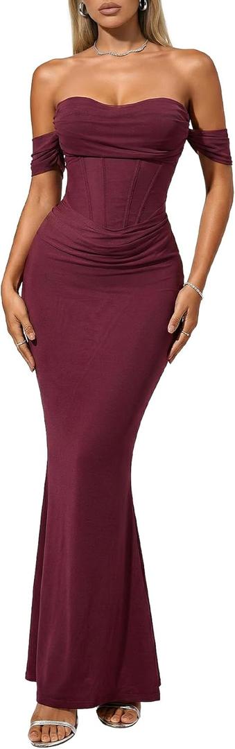 CurvySweet Clara Women's Off The Shoulder Mesh Maxi Dress Built-in Bra | Elegant ruched waist detailing, faux corset, soft and comfortable fabric, curves hugging, wedding guest and cocktail attire, Small