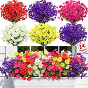 Alupssuc 24 Bundles Artificial Flowers for Outdoors, Faux Spring Flowers for Decoration, UV Resistant Silk Morning Glory with Eucalyptus Realistic Fake Flowers for Yard Planter Porch Garden, 5 Colors