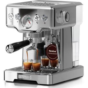 Neretva Espresso Machine, 15 Bar Espresso Coffee Machine with Visible Pressure Guage Professional Espresso Maker with Milk Frother & Stainless Steel for Home Barista Latte and Cappuccino Maker-Silver