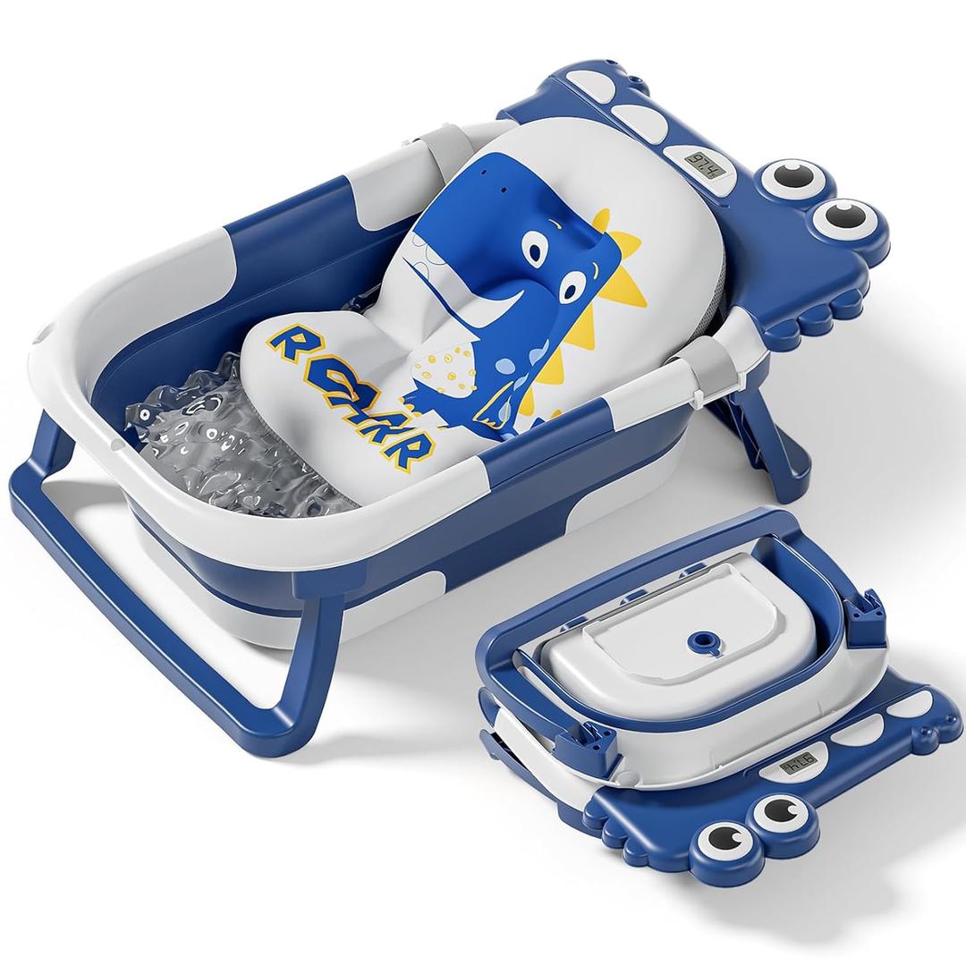 Collapsible Baby Bathtub for Newborn, Foldable Baby Bath Tub with Thermometer & Soft Floating Cushion & Drain Hole, Portable Travel Infant Bath Tubs for Newborns to Toddlers 0-36 Months Boy, NavyBlue