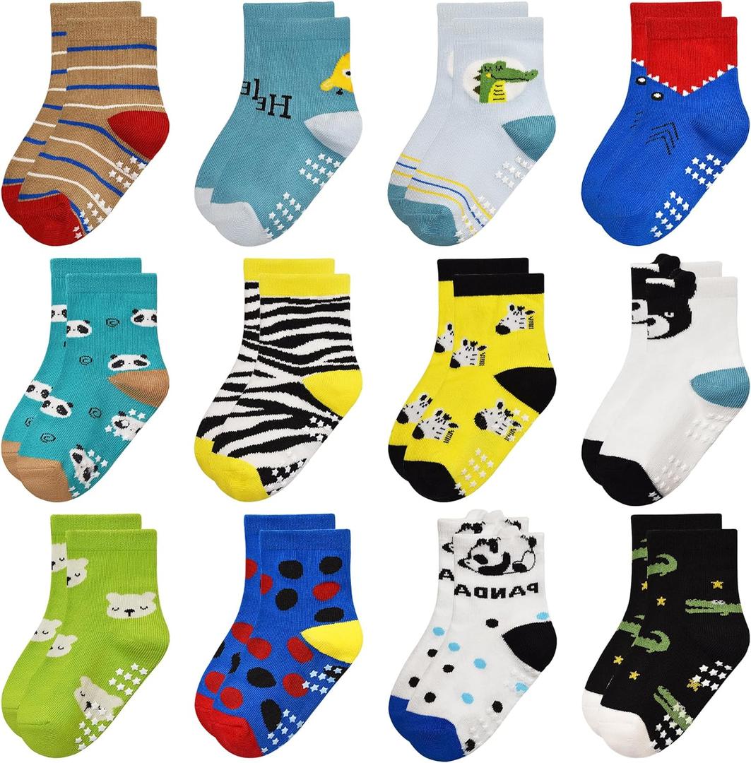 Non Slip Toddler Socks with Grip Boys Girls 12 Pairs Anti Skid Crew Socks Baby Kids Children Cartoon Pattern (5-7 Years, 02 Zebra)