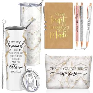 Domensi 6 Pcs Employee Appreciation Gift for Women Teacher Nurse Week Thank You Gift May You Be Proud 20 oz Rustic Marble Sign Tumbler Makeup Bag Journal for Graduation Work Business(Brown)
