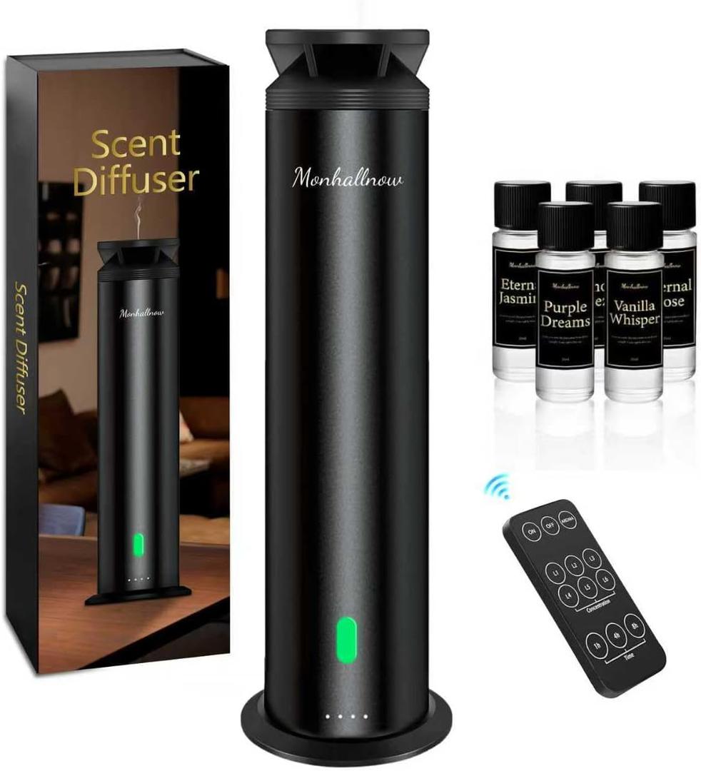 Monhallnow Waterless Scent Diffuser Starter Kit  1000 Sq Ft Coverage, Suitable for Home & Hotel Series Diffuser, Includes 5 Scent Oils, Remote Control, Large Room Essential Oil Diffuser, Ultra Black