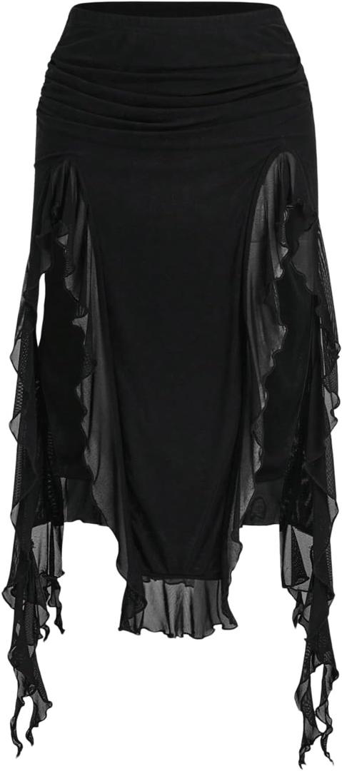 WDIRARA Women's Ruched High Slit Mesh Skirts Asymmetrical Ruffle Skirts (Medium, Black)
