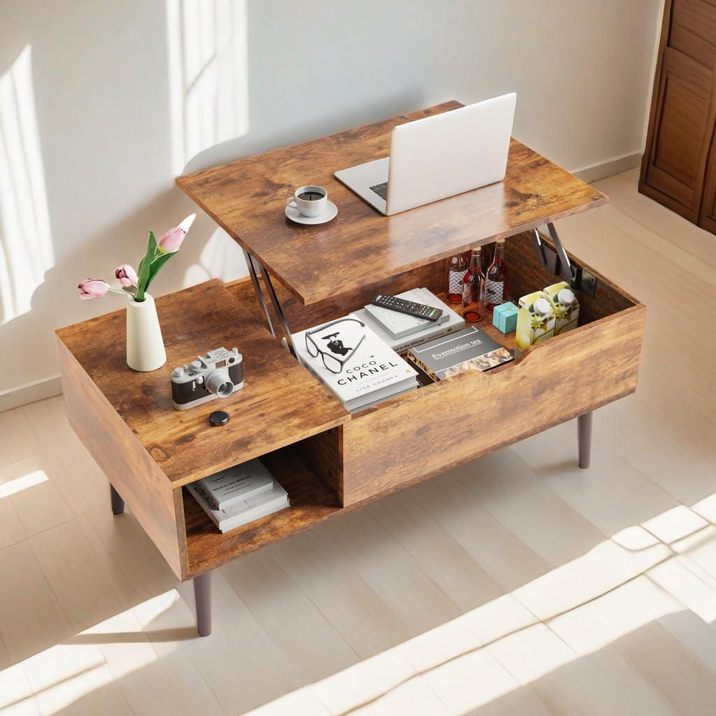 Wood Lift Top Coffee Table w/Adjustable Storage Shelf & Hidden Compartment, Rising Farmhouse Tabletop Desk Living Room Table for Home Living Room Office, Brown (Brown a)