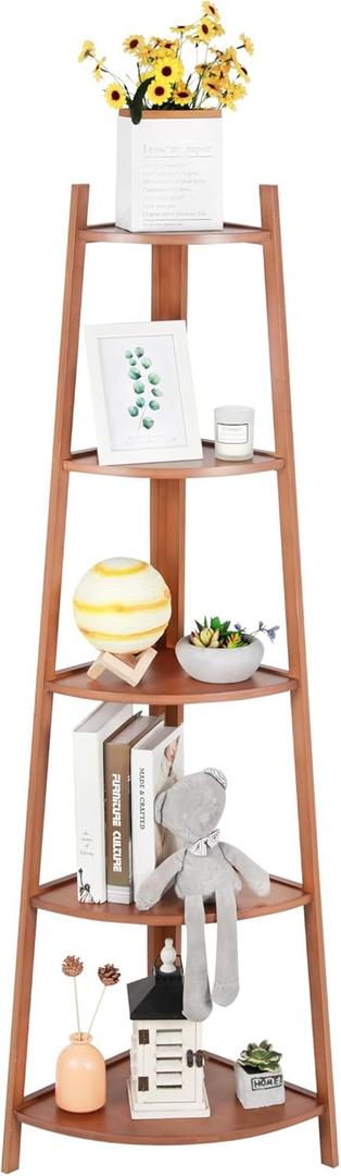 5-Tier Corner Shelf Stand, Tall Wood Shelf, Bookshelf for Living Room, Bedroom, Office, Plant Display, Rustic Brown Freestanding Triangle Storage Rack