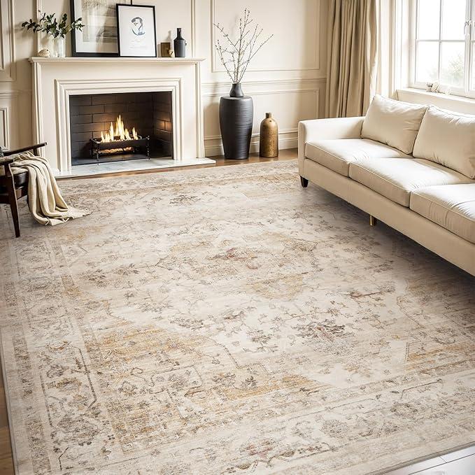 AMOAMI-Area Rug 8X10 Rugs for Living Room-Vintage Soft Rugs for Bedroom-Non Slip Carpet-Washable Rug for Dining Room Living Room Bedroom Office Under Table, Beige