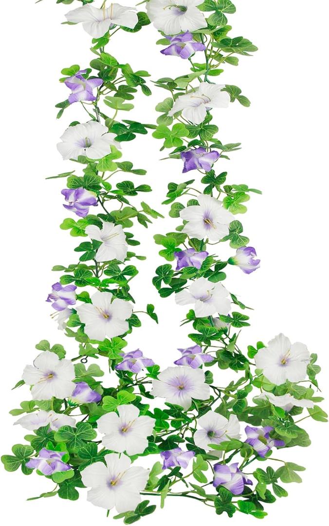 2 Pcs Artificial Flowers Vines Garland Purple Petunias Silk Spring Flowers Garland for Mantle 11 FT Fake Morning Glory Hanging Vines Plants for Outdoors Wall Fence Indoor Wedding Banquet Decor
