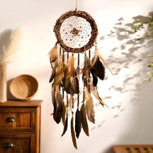 Dream Catcher Native American Boho Dreamcatcher Rattan Wall Decor, Handmade Natural Goose Feathers Brown Golden Beaded Hanging Ornament Indian Decor for Bedroom Living Room (Dark Brown)