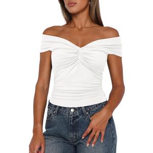 Darong Women Summer Twist Knot Front Off The Shoulder Tank Tops Cap Sleeve Going Out Shirts Slim Fitted Y2K Outfits (White, M)
