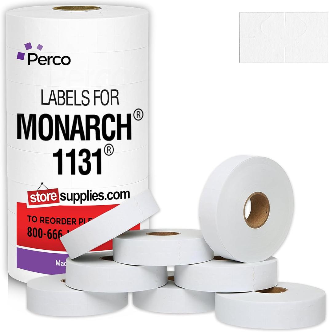 Perco White Pricing Labels for Monarch 1131 Price Gun - 1 Sleeve, 8 Rolls, 20,000 Price Marking Labels - with Ink Roll Included