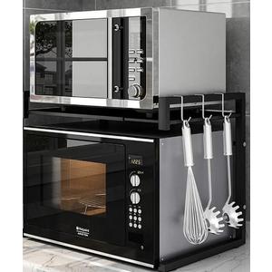 Pusdon Extendable Microwave Oven Rack, Heavy Duty Adjustable Microwave/Toaster Shelf(L15.7~23.6"xW14.2"xH16.5"), 2-Tier with 3 Hooks Kitchen Counter Top Organizer, 55lbs Weight Capacity, Black